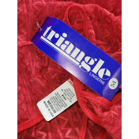 Vintage 80s 90s Red Mesh Geometric Double Slit Nightgown Lingerie Long Sheer M‎